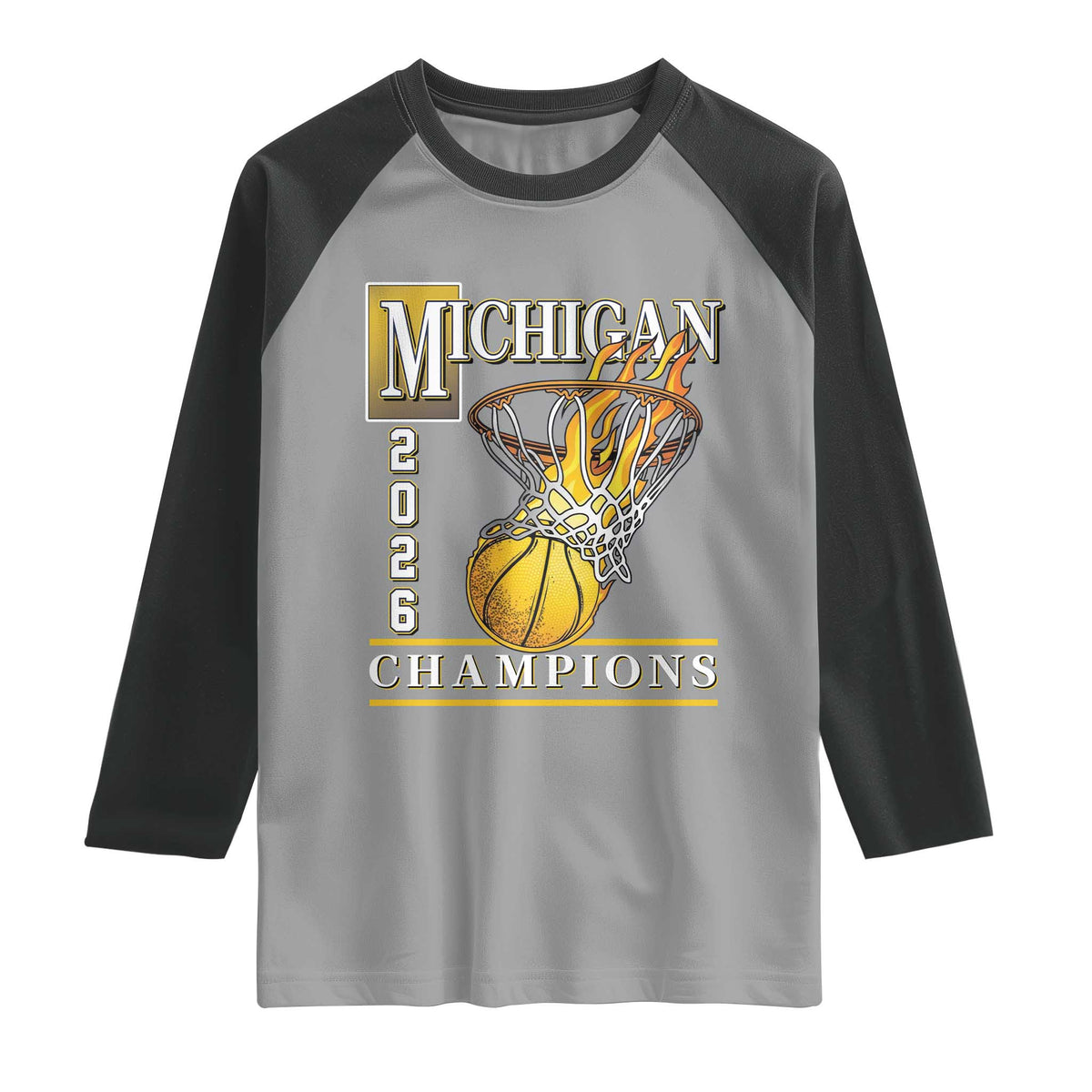 Michigan 2026 Flaming Hoop Basketball Lover Raglan Shirt Champions Victory Graphic Sports Fan