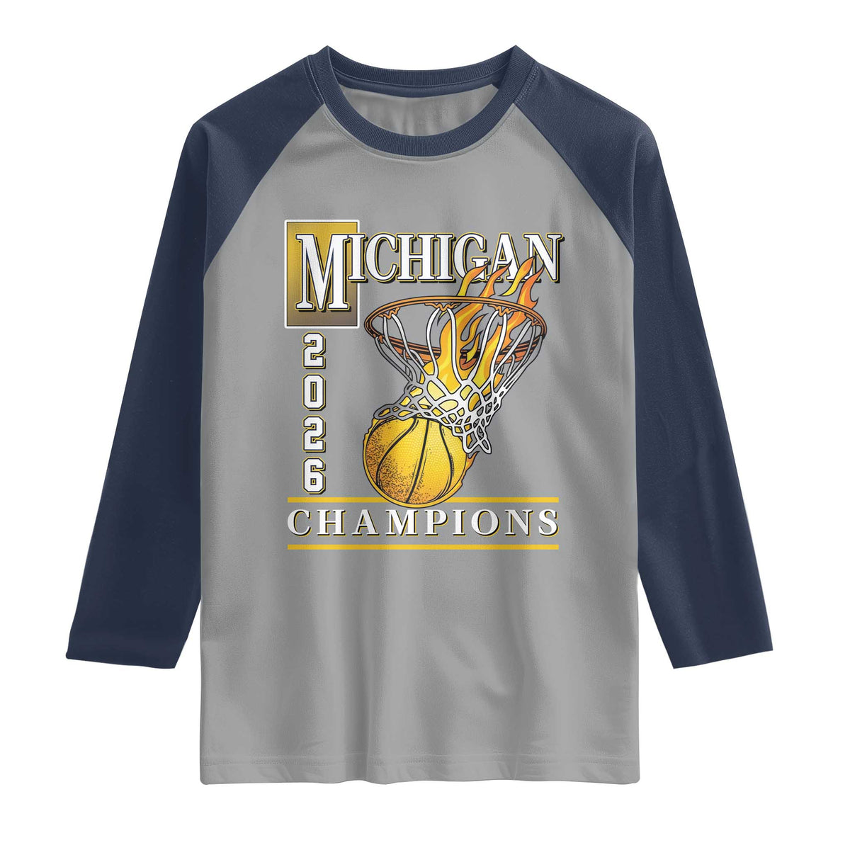 Michigan 2026 Flaming Hoop Basketball Lover Raglan Shirt Champions Victory Graphic Sports Fan