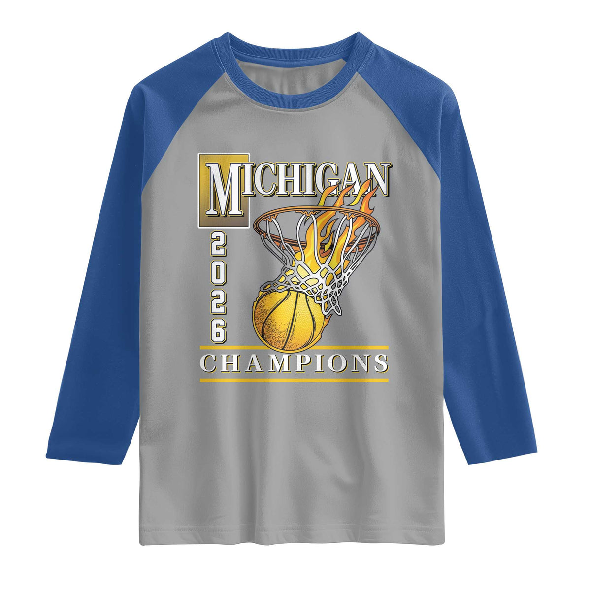 Michigan 2026 Flaming Hoop Basketball Lover Raglan Shirt Champions Victory Graphic Sports Fan