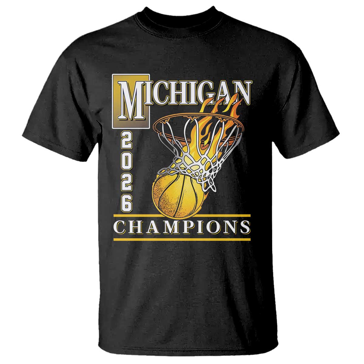 Michigan 2026 Flaming Hoop Basketball Lover T Shirt Champions Victory Graphic Sports Fan