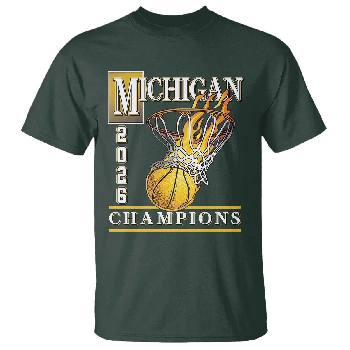 Michigan 2026 Flaming Hoop Basketball Lover T Shirt Champions Victory Graphic Sports Fan