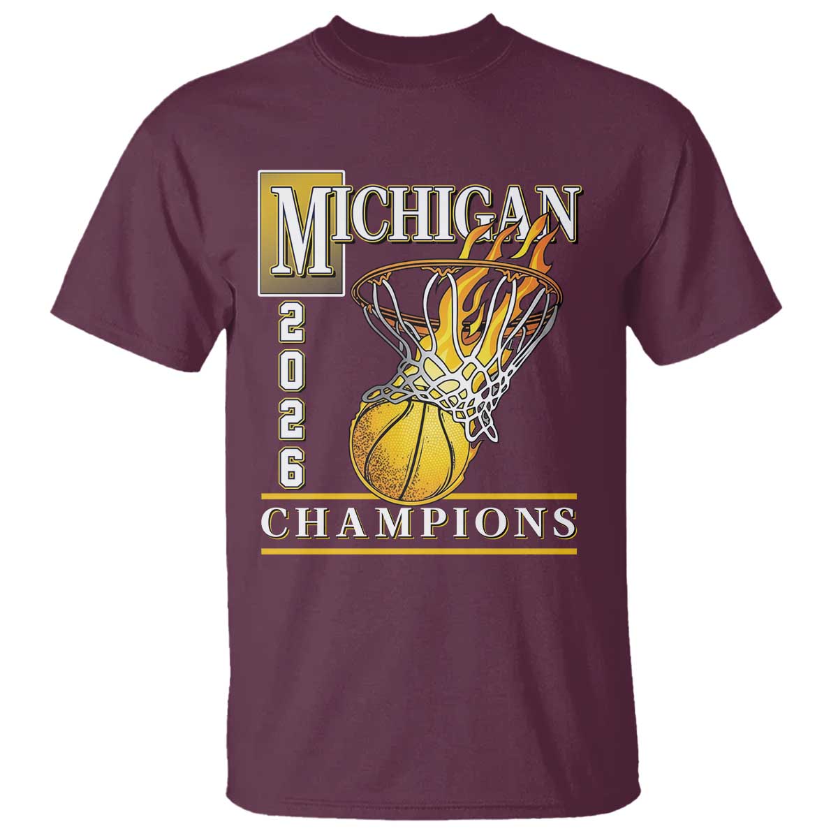Michigan 2026 Flaming Hoop Basketball Lover T Shirt Champions Victory Graphic Sports Fan