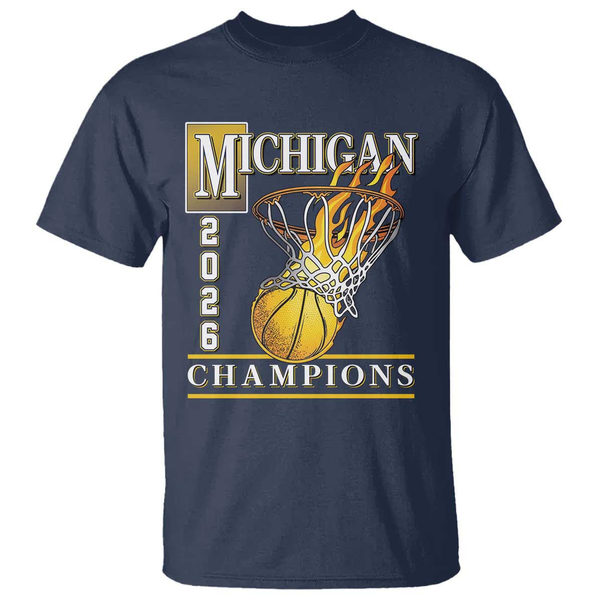 Michigan 2026 Flaming Hoop Basketball Lover T Shirt Champions Victory Graphic Sports Fan