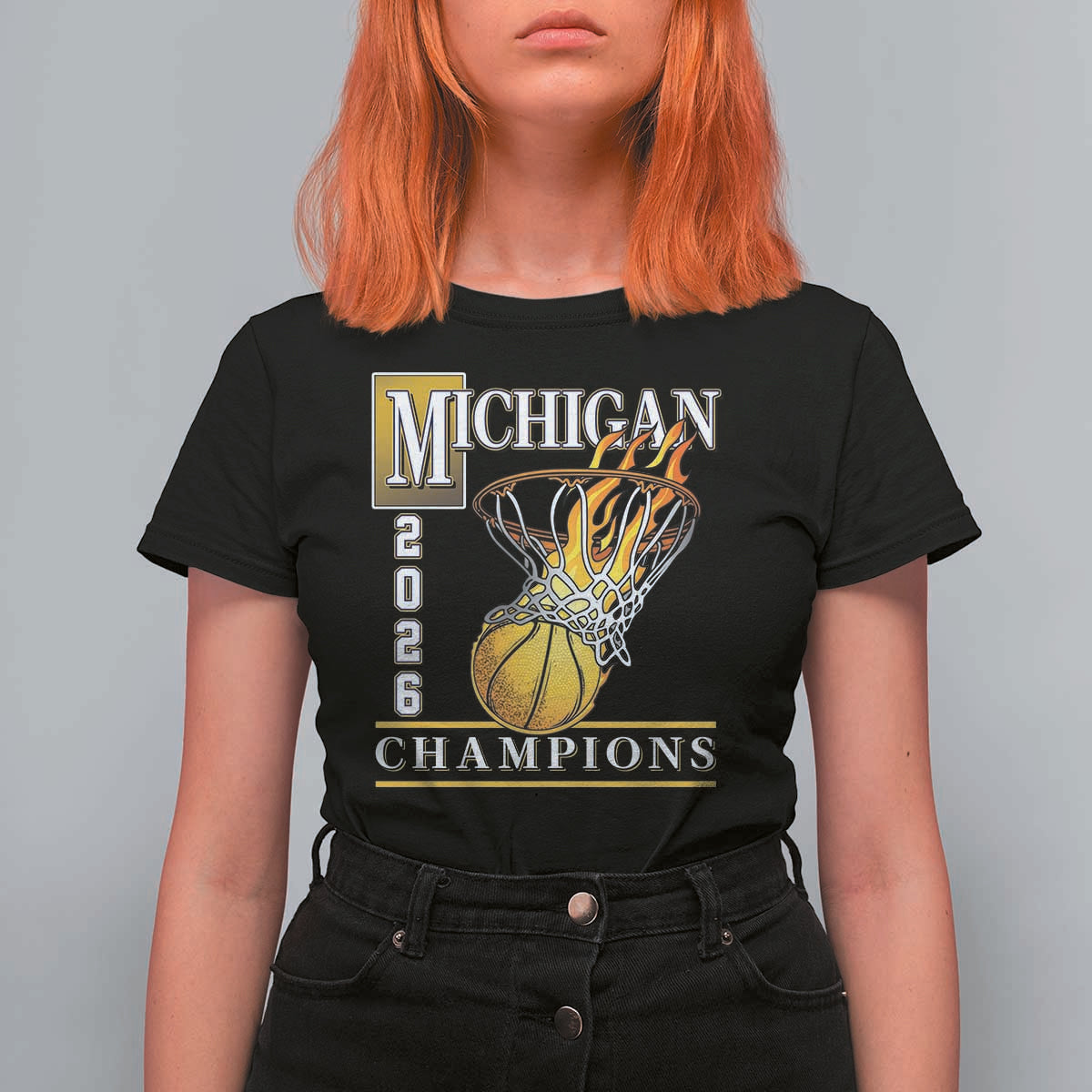 Michigan 2026 Flaming Hoop Basketball Lover T Shirt For Women Champions Victory Graphic Sports Fan