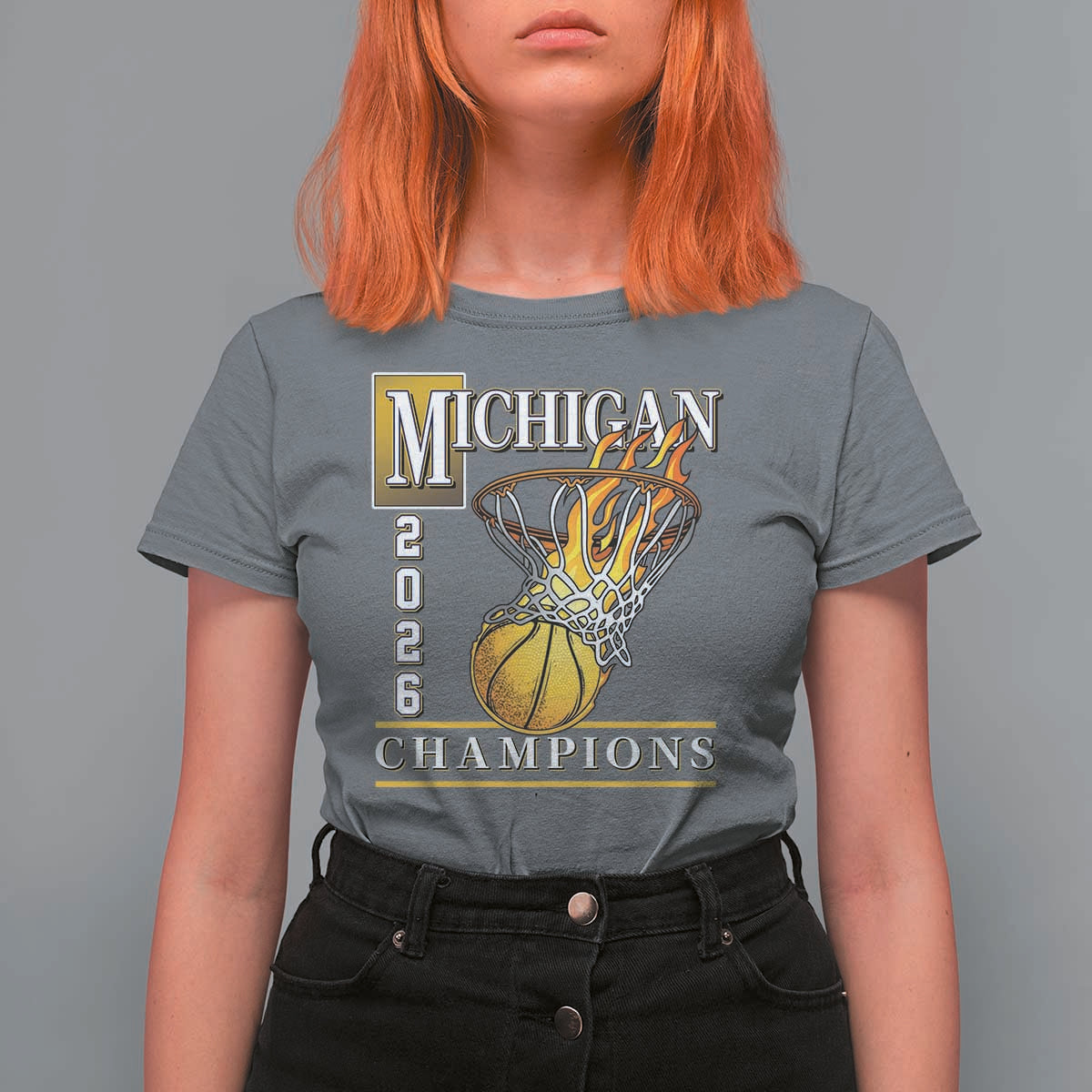 Michigan 2026 Flaming Hoop Basketball Lover T Shirt For Women Champions Victory Graphic Sports Fan