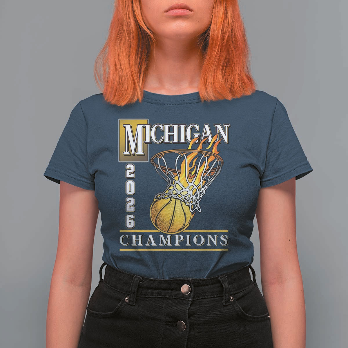 Michigan 2026 Flaming Hoop Basketball Lover T Shirt For Women Champions Victory Graphic Sports Fan