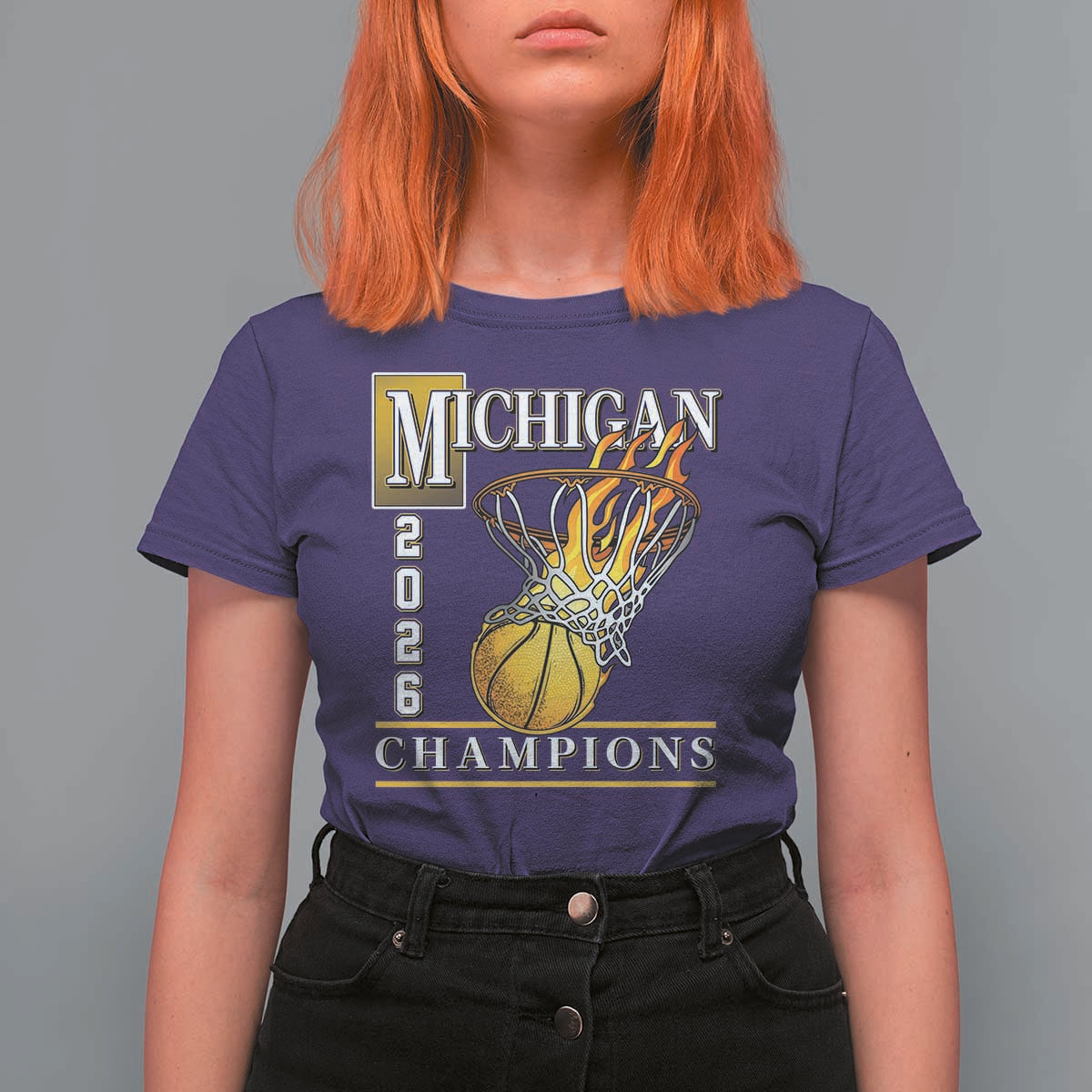Michigan 2026 Flaming Hoop Basketball Lover T Shirt For Women Champions Victory Graphic Sports Fan