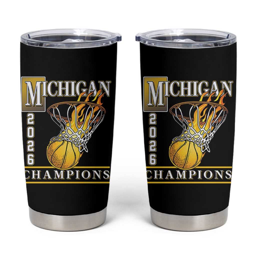 Michigan 2026 Flaming Hoop Basketball Lover Tumbler Cup Champions Victory Graphic Sports Fan