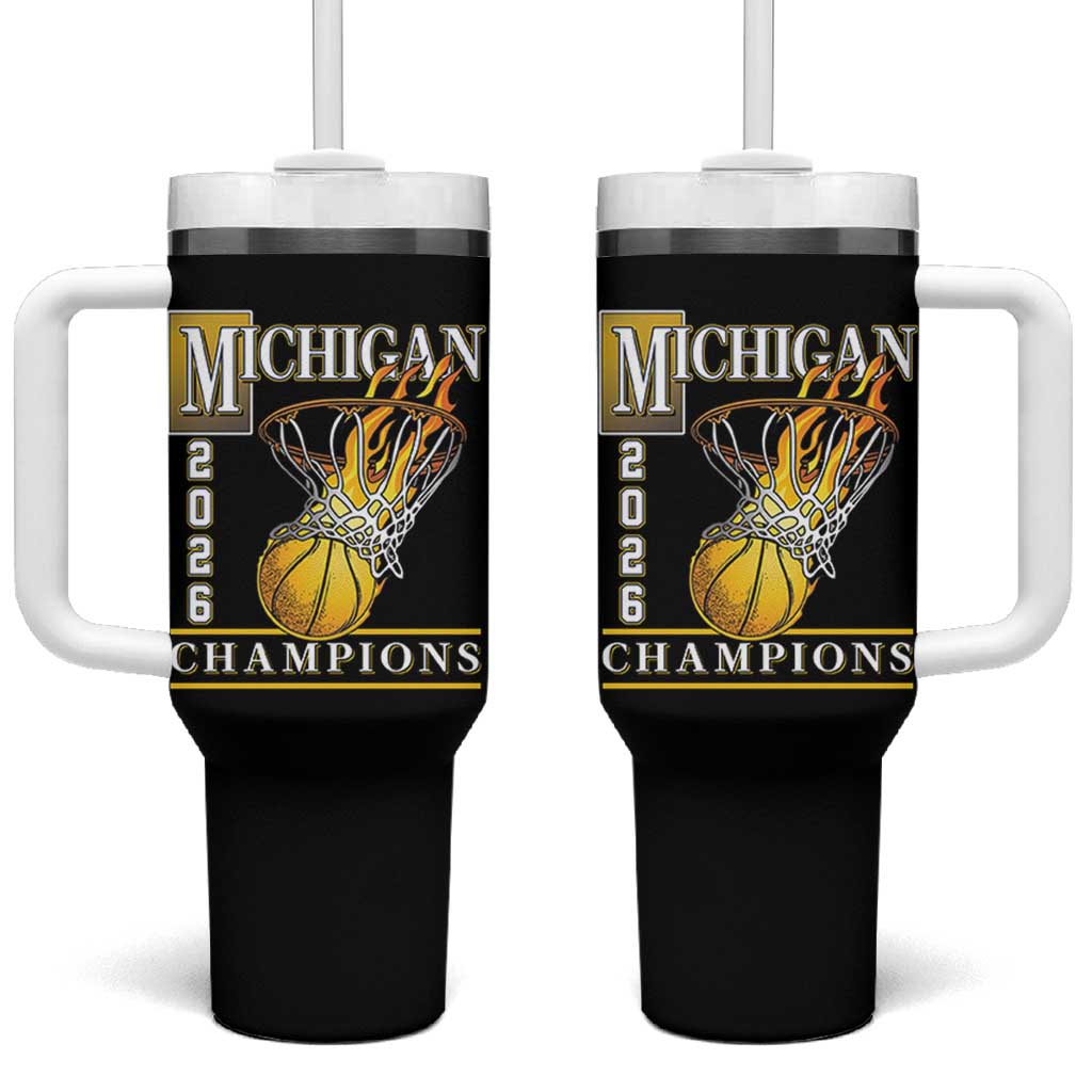 Michigan 2026 Flaming Hoop Basketball Lover Tumbler With Handle Champions Victory Graphic Sports Fan