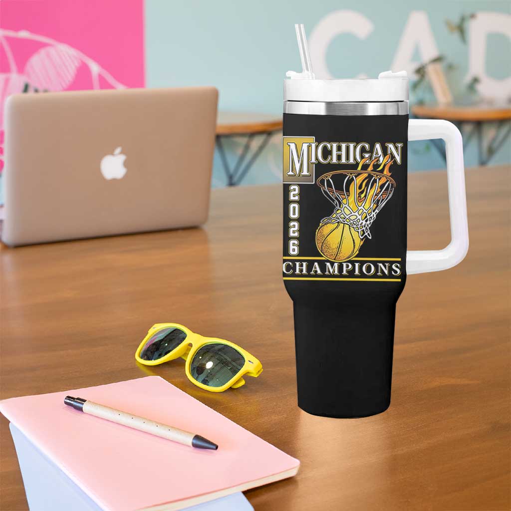 Michigan 2026 Flaming Hoop Basketball Lover Tumbler With Handle Champions Victory Graphic Sports Fan