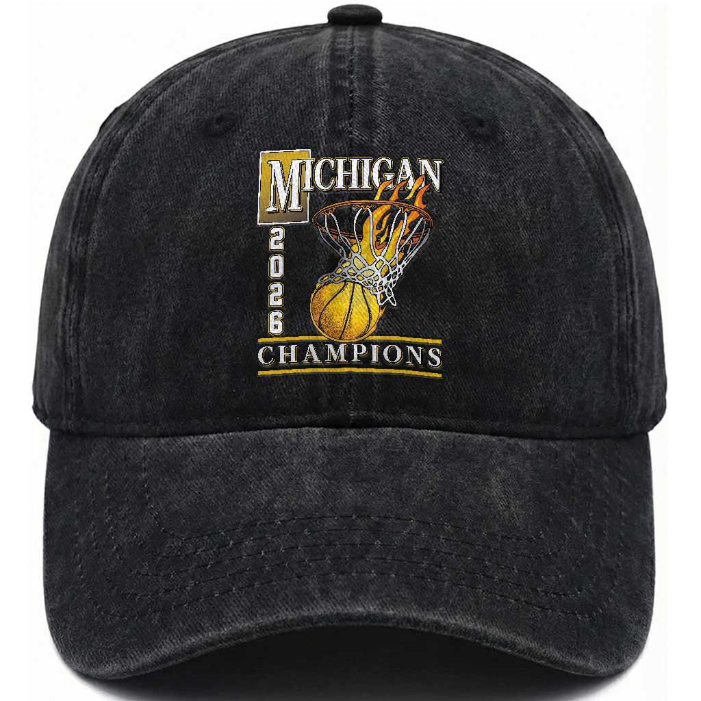 Michigan 2026 Flaming Hoop Basketball Lover Washed Cotton Baseball Cap Champions Victory Graphic Sports Fan