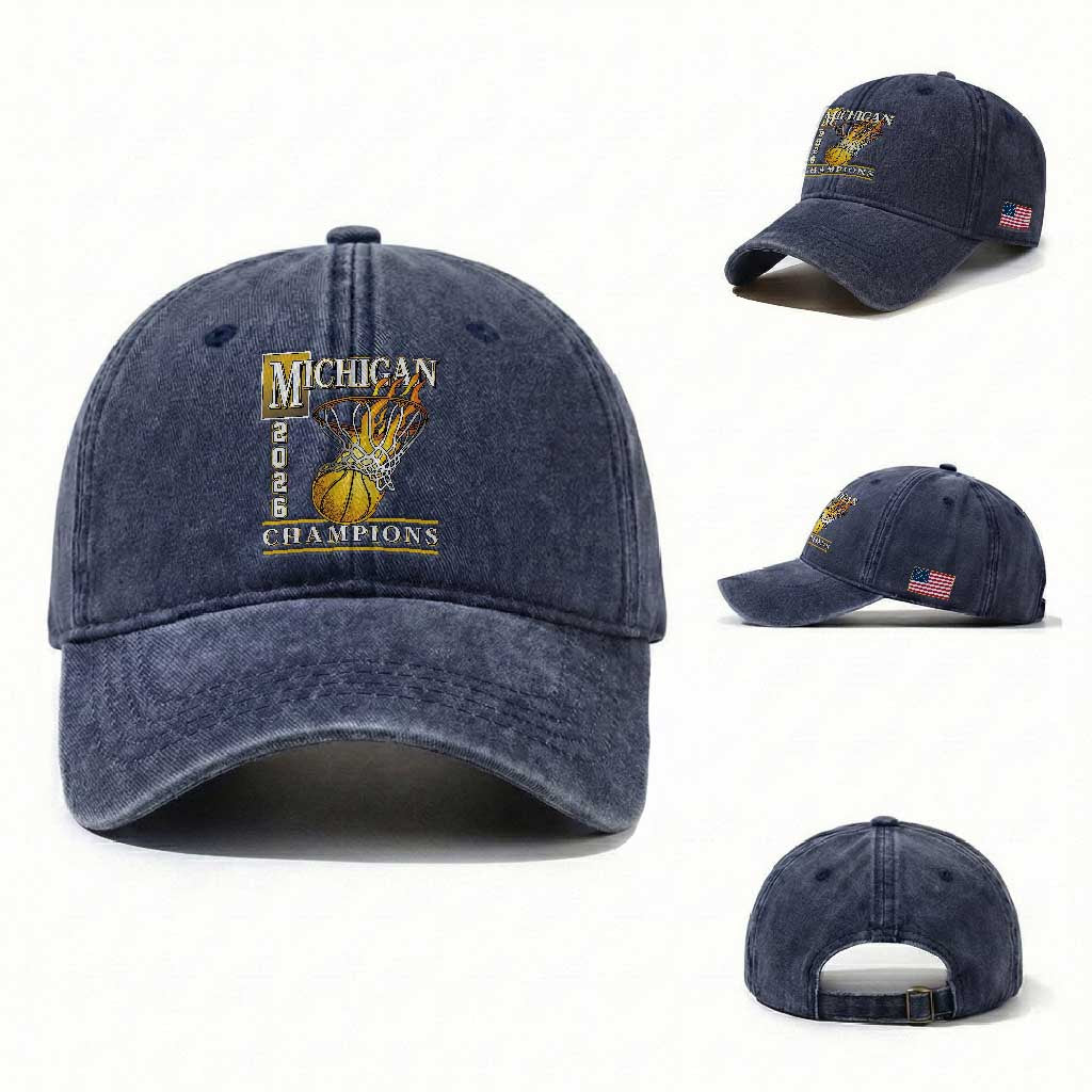Michigan 2026 Flaming Hoop Basketball Lover Washed Cotton Baseball Cap Champions Victory Graphic Sports Fan