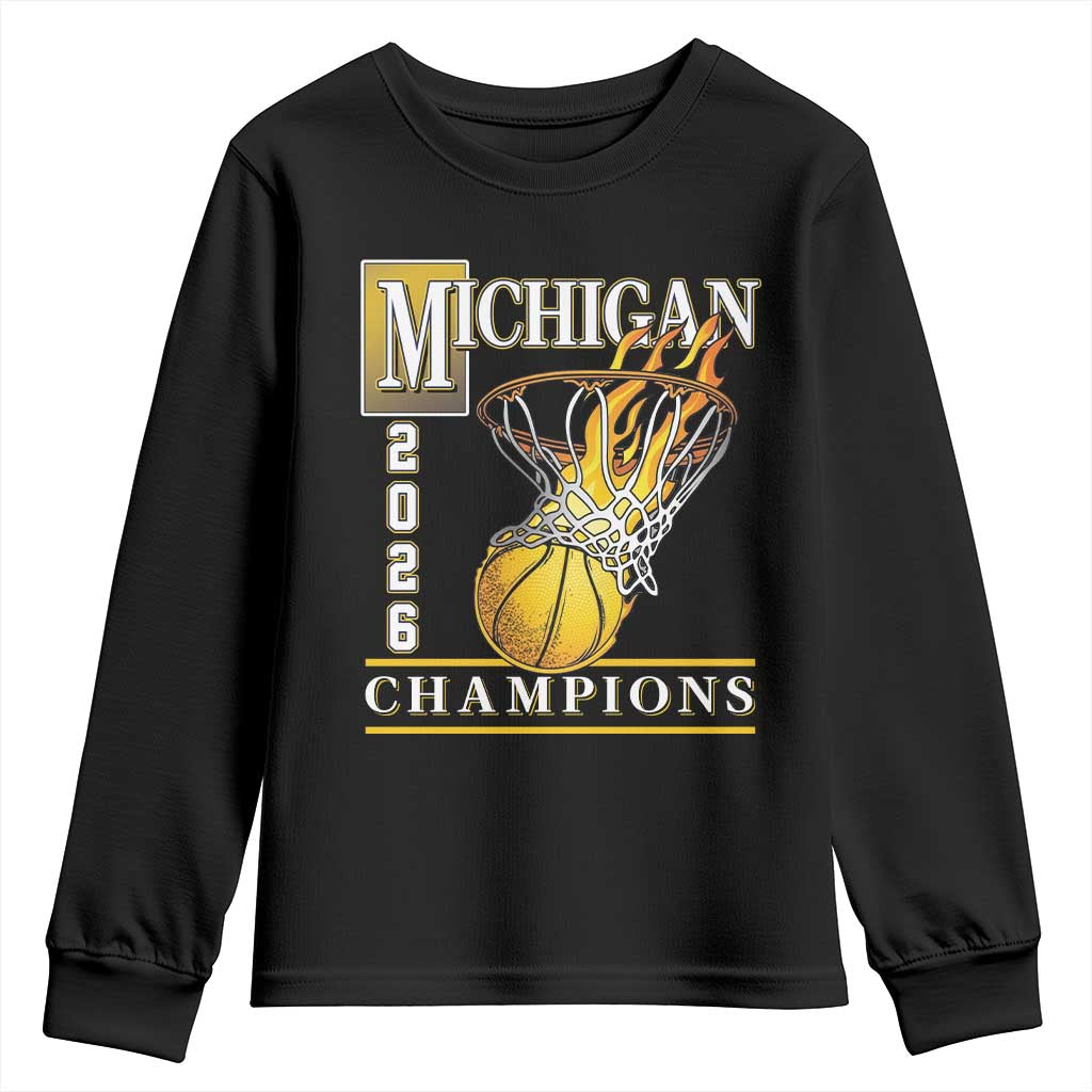Michigan 2026 Flaming Hoop Basketball Lover Youth Sweatshirt Champions Victory Graphic Sports Fan