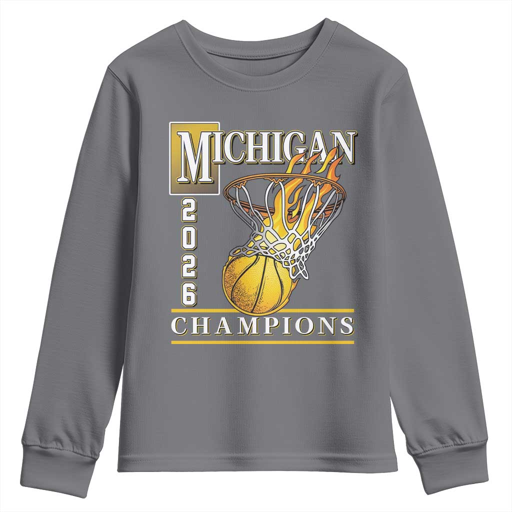 Michigan 2026 Flaming Hoop Basketball Lover Youth Sweatshirt Champions Victory Graphic Sports Fan