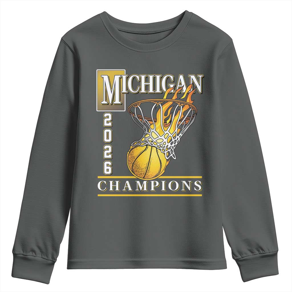 Michigan 2026 Flaming Hoop Basketball Lover Youth Sweatshirt Champions Victory Graphic Sports Fan