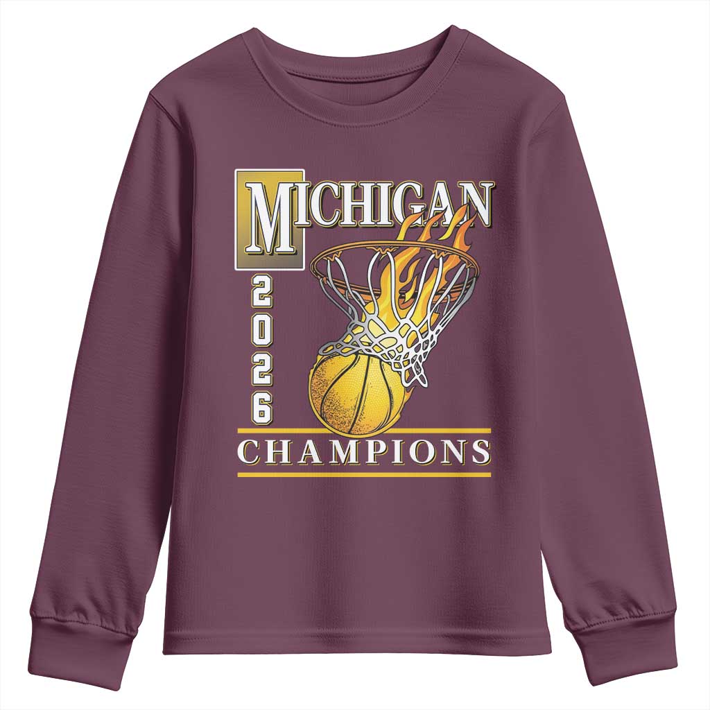 Michigan 2026 Flaming Hoop Basketball Lover Youth Sweatshirt Champions Victory Graphic Sports Fan