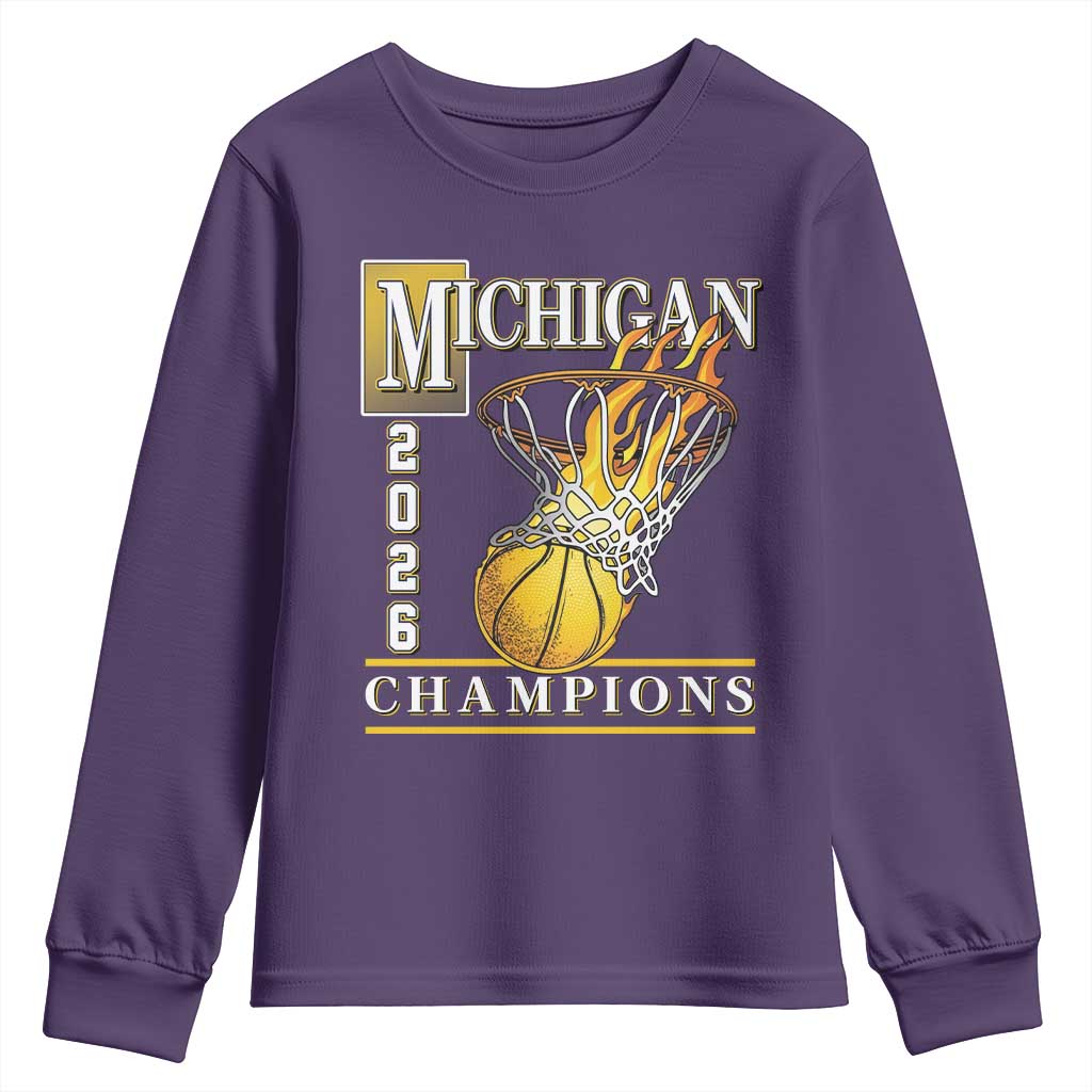 Michigan 2026 Flaming Hoop Basketball Lover Youth Sweatshirt Champions Victory Graphic Sports Fan