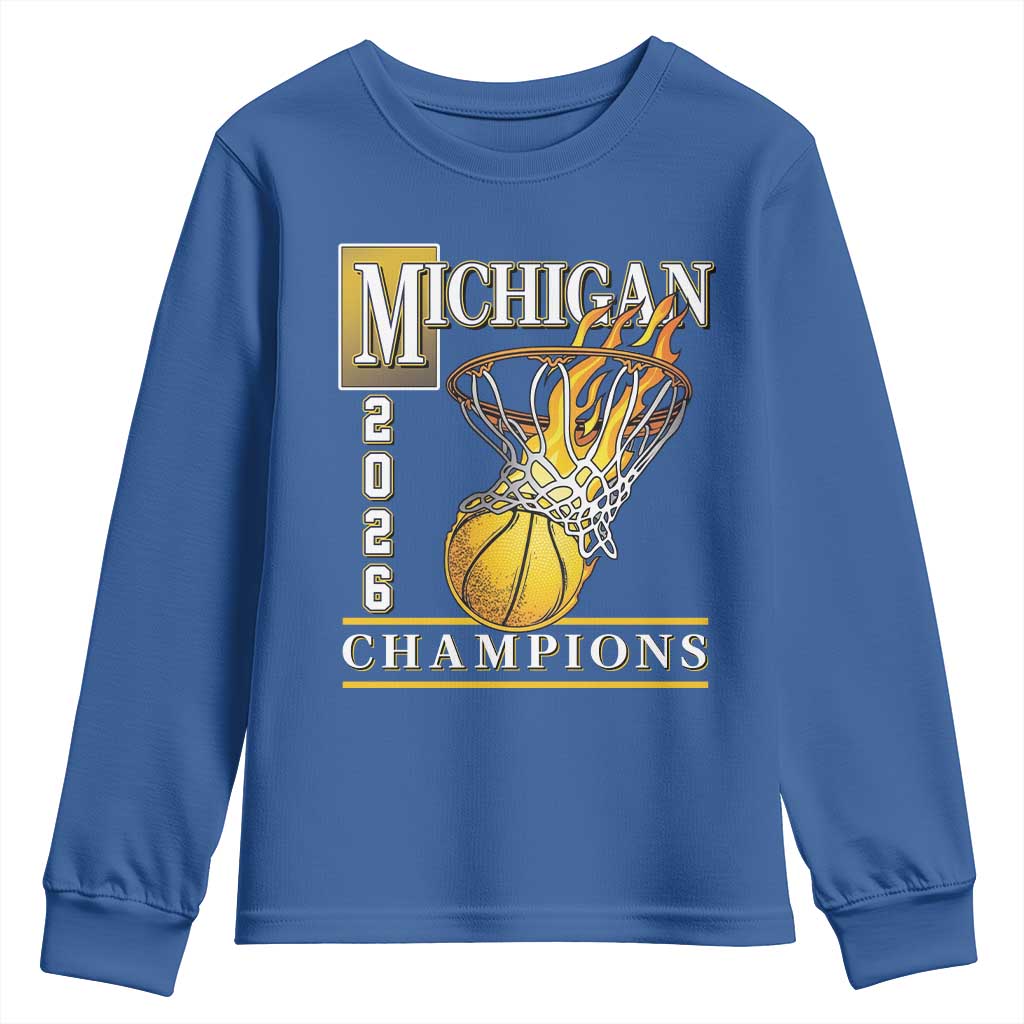 Michigan 2026 Flaming Hoop Basketball Lover Youth Sweatshirt Champions Victory Graphic Sports Fan