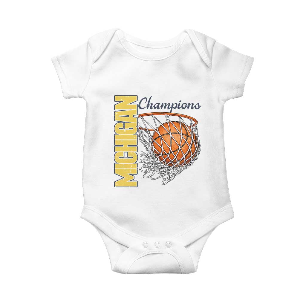 Vintage Michigan Hoops Pride Baby Onesie Retro Blue And Gold Champions Victory Graphic Sports Fan