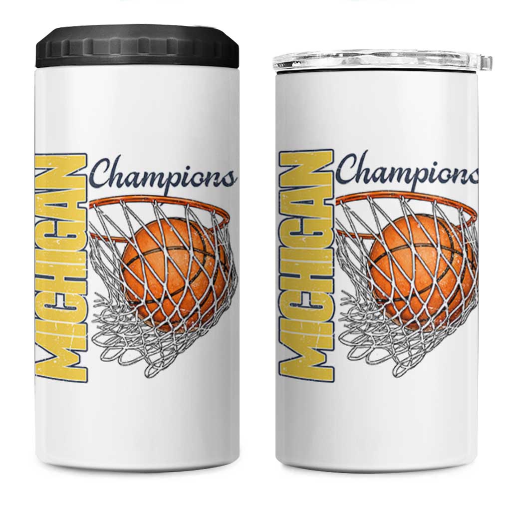 Vintage Michigan Hoops Pride 4 in 1 Can Cooler Tumbler Retro Blue And Gold Champions Victory Graphic Sports Fan