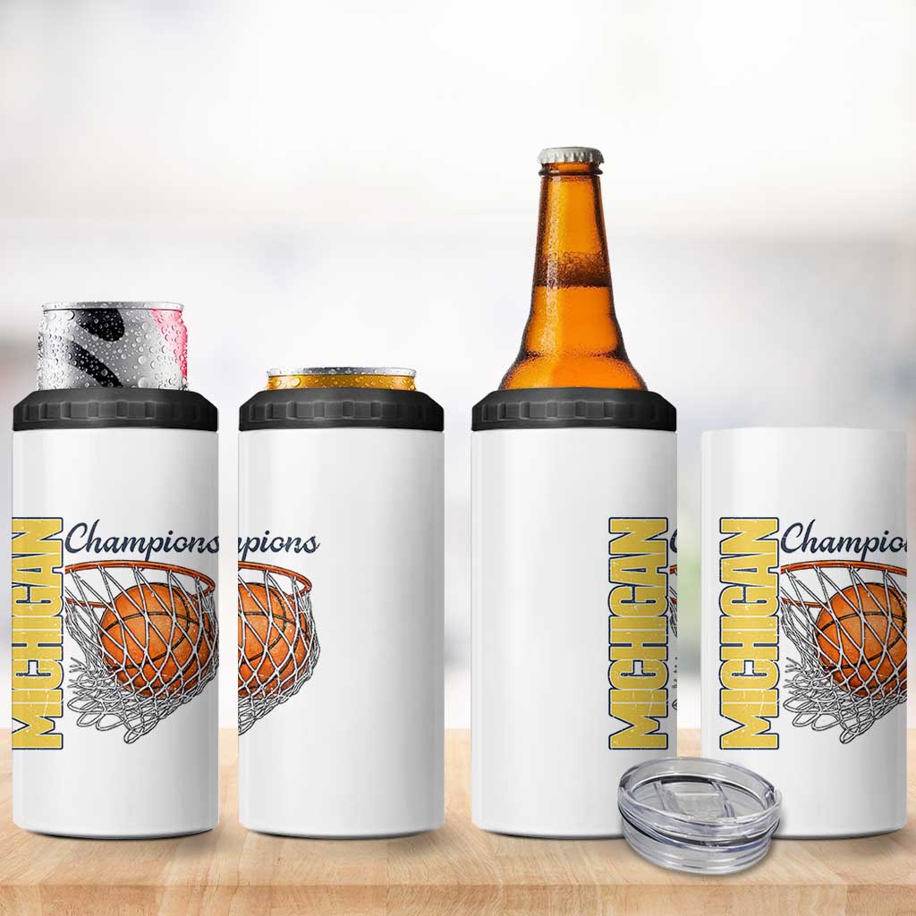 Vintage Michigan Hoops Pride 4 in 1 Can Cooler Tumbler Retro Blue And Gold Champions Victory Graphic Sports Fan