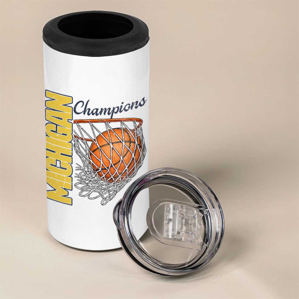 Vintage Michigan Hoops Pride 4 in 1 Can Cooler Tumbler Retro Blue And Gold Champions Victory Graphic Sports Fan