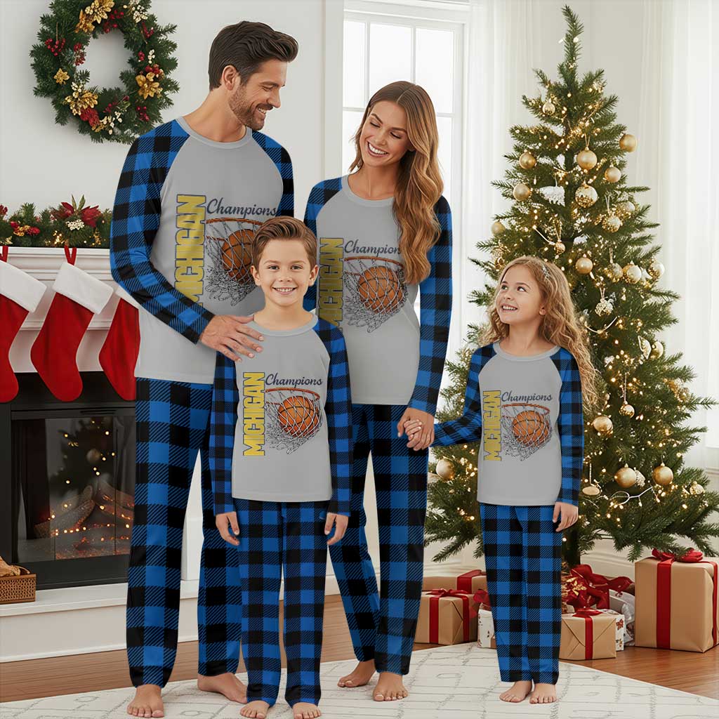Vintage Michigan Hoops Pride Plaid Pajama Set Retro Blue And Gold Champions Victory Graphic Sports Fan