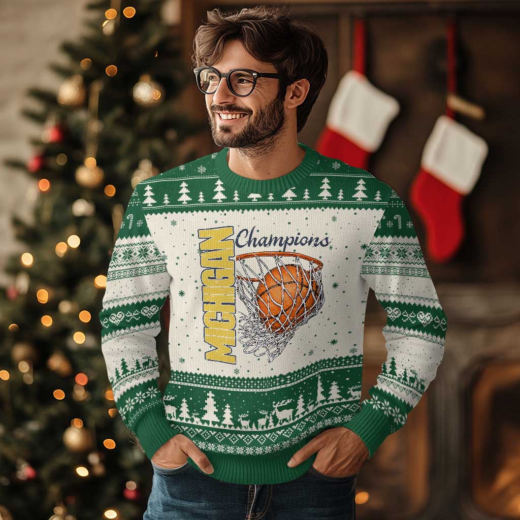 Vintage Michigan Hoops Pride Ugly Christmas Sweater Retro Blue And Gold Champions Victory Graphic Sports Fan