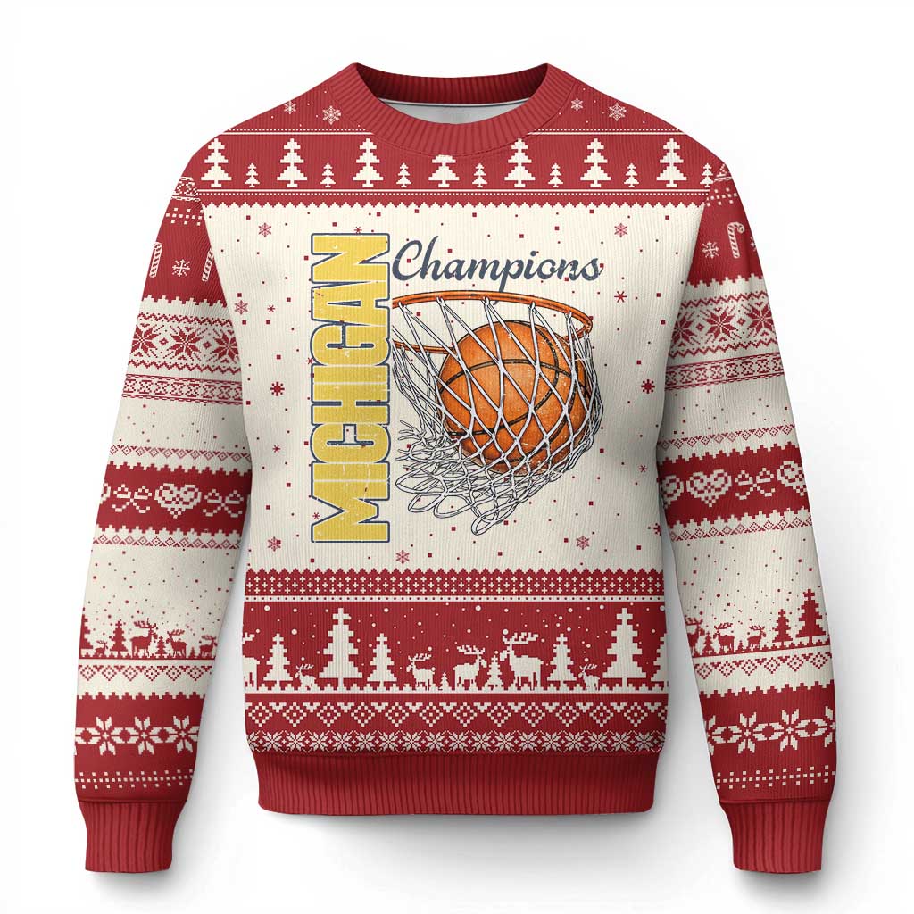 Vintage Michigan Hoops Pride Ugly Christmas Sweater Retro Blue And Gold Champions Victory Graphic Sports Fan