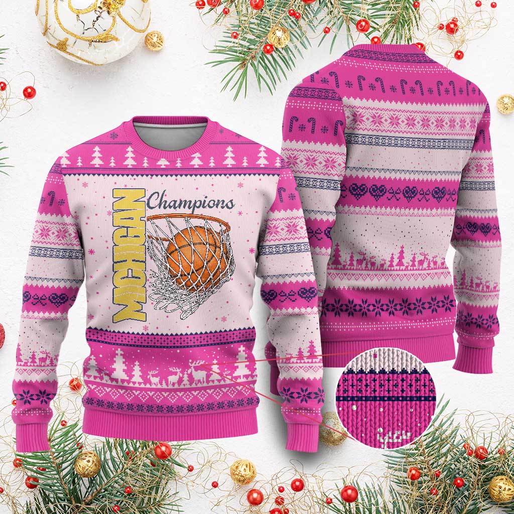 Vintage Michigan Hoops Pride Ugly Christmas Sweater Retro Blue And Gold Champions Victory Graphic Sports Fan
