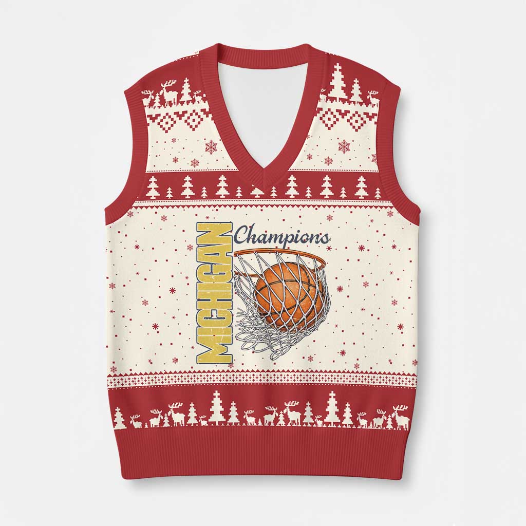 Vintage Michigan Hoops Pride V-Neck Knit Sweater Vest Retro Blue And Gold Champions Victory Graphic Sports Fan