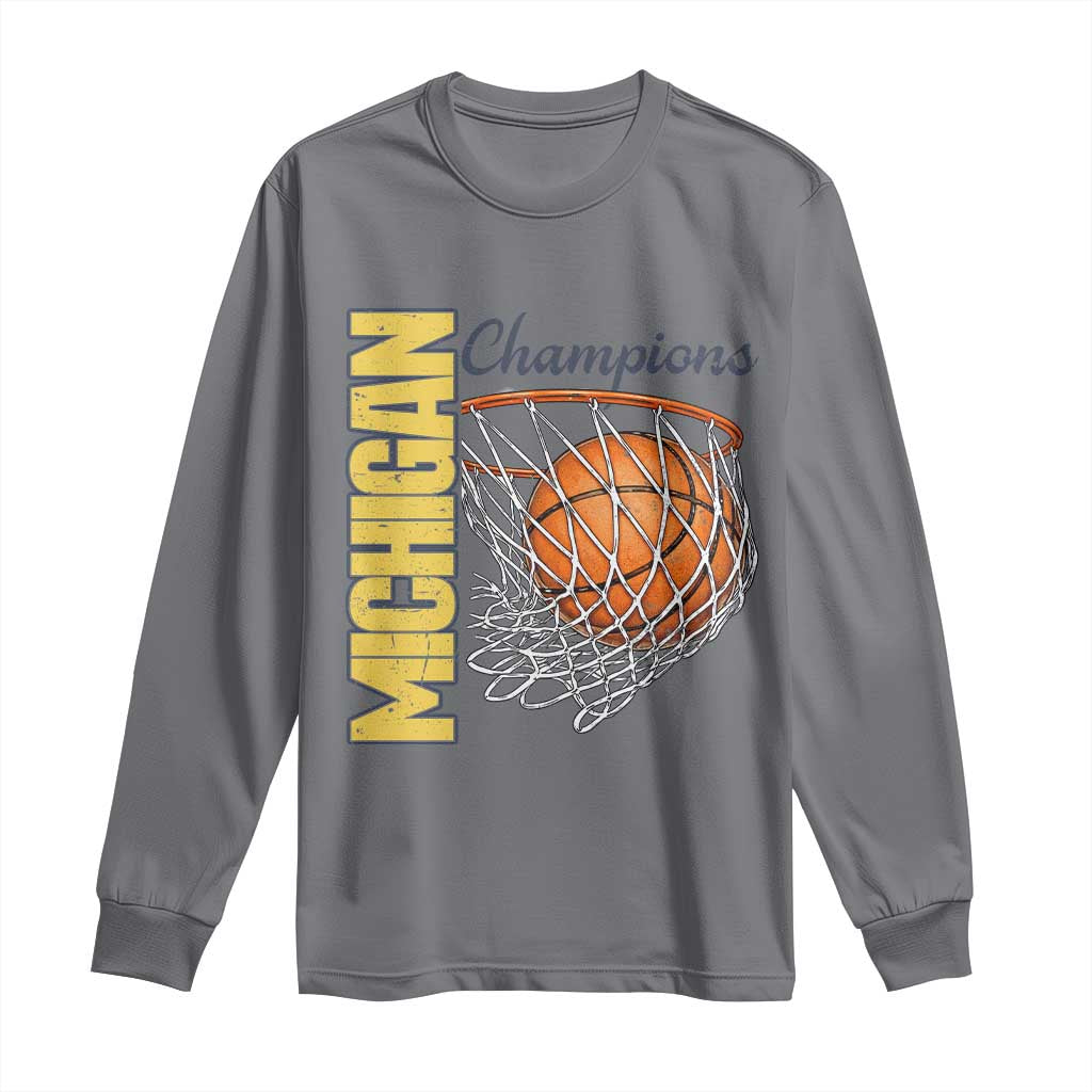 Vintage Michigan Hoops Pride Long Sleeve Shirt Retro Blue And Gold Champions Victory Graphic Sports Fan