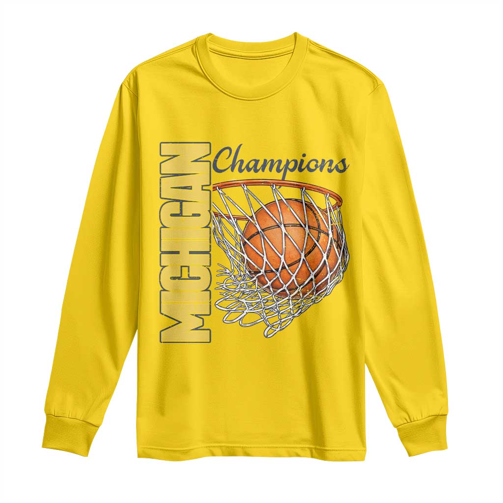 Vintage Michigan Hoops Pride Long Sleeve Shirt Retro Blue And Gold Champions Victory Graphic Sports Fan