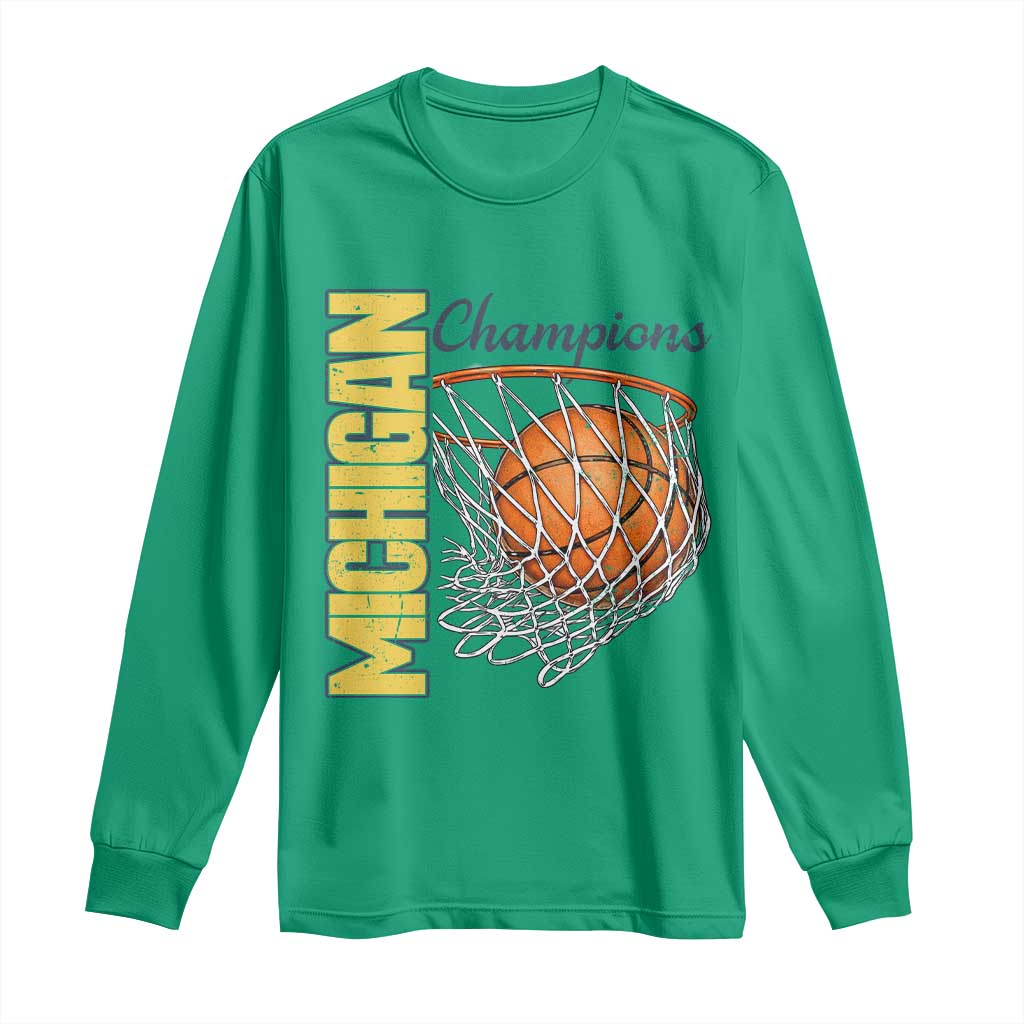 Vintage Michigan Hoops Pride Long Sleeve Shirt Retro Blue And Gold Champions Victory Graphic Sports Fan