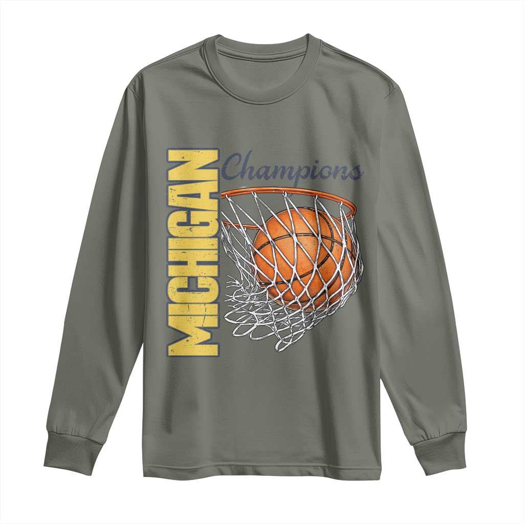 Vintage Michigan Hoops Pride Long Sleeve Shirt Retro Blue And Gold Champions Victory Graphic Sports Fan
