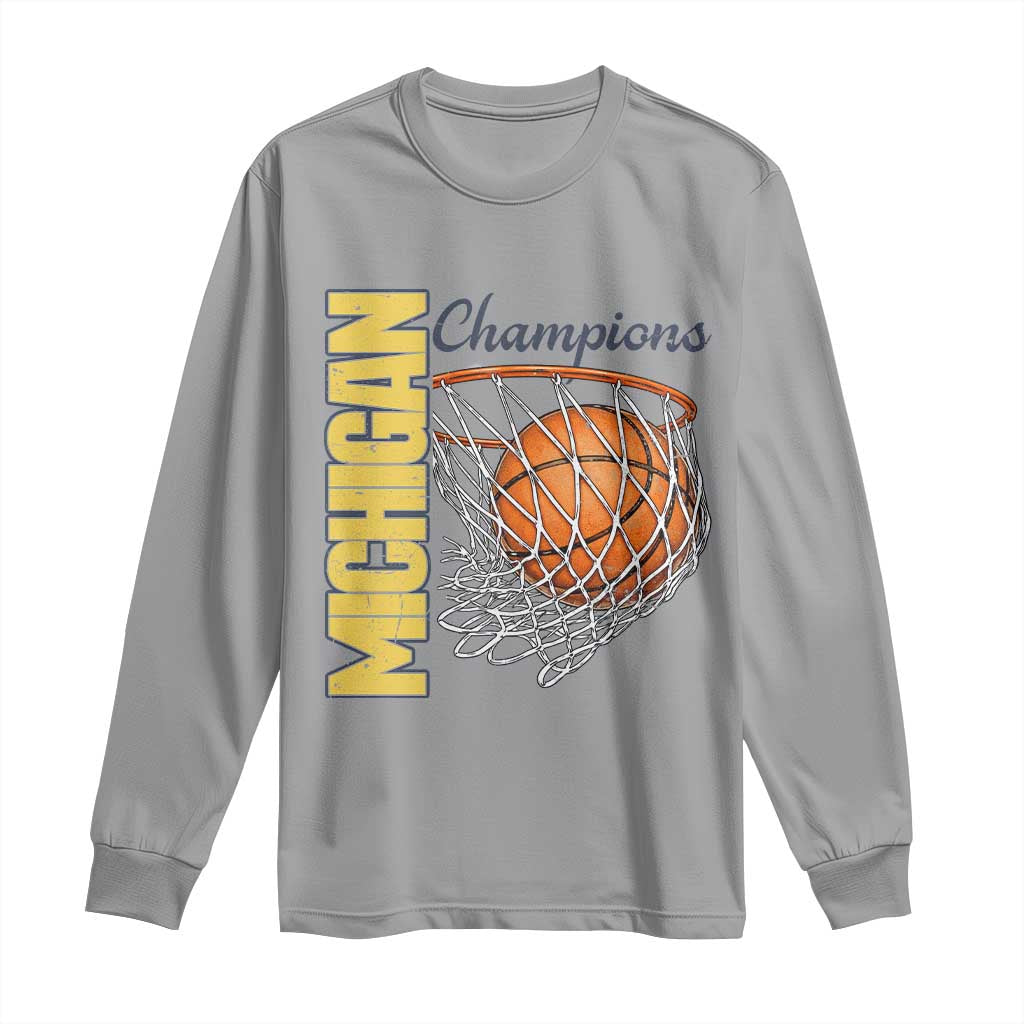 Vintage Michigan Hoops Pride Long Sleeve Shirt Retro Blue And Gold Champions Victory Graphic Sports Fan