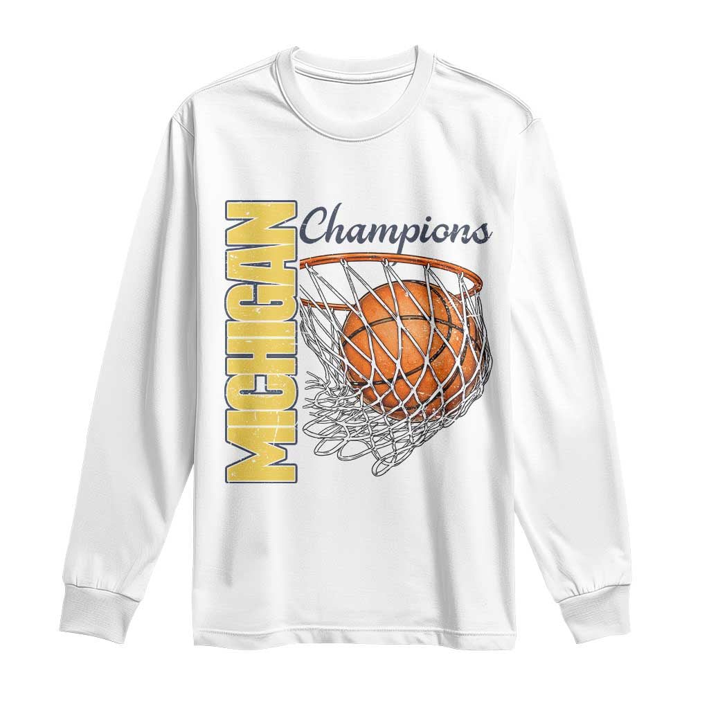 Vintage Michigan Hoops Pride Long Sleeve Shirt Retro Blue And Gold Champions Victory Graphic Sports Fan