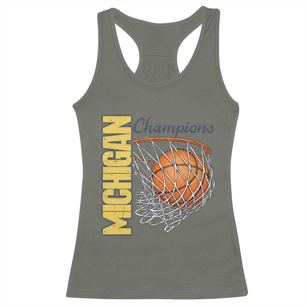 Vintage Michigan Hoops Pride Racerback Tank Top Retro Blue And Gold Champions Victory Graphic Sports Fan
