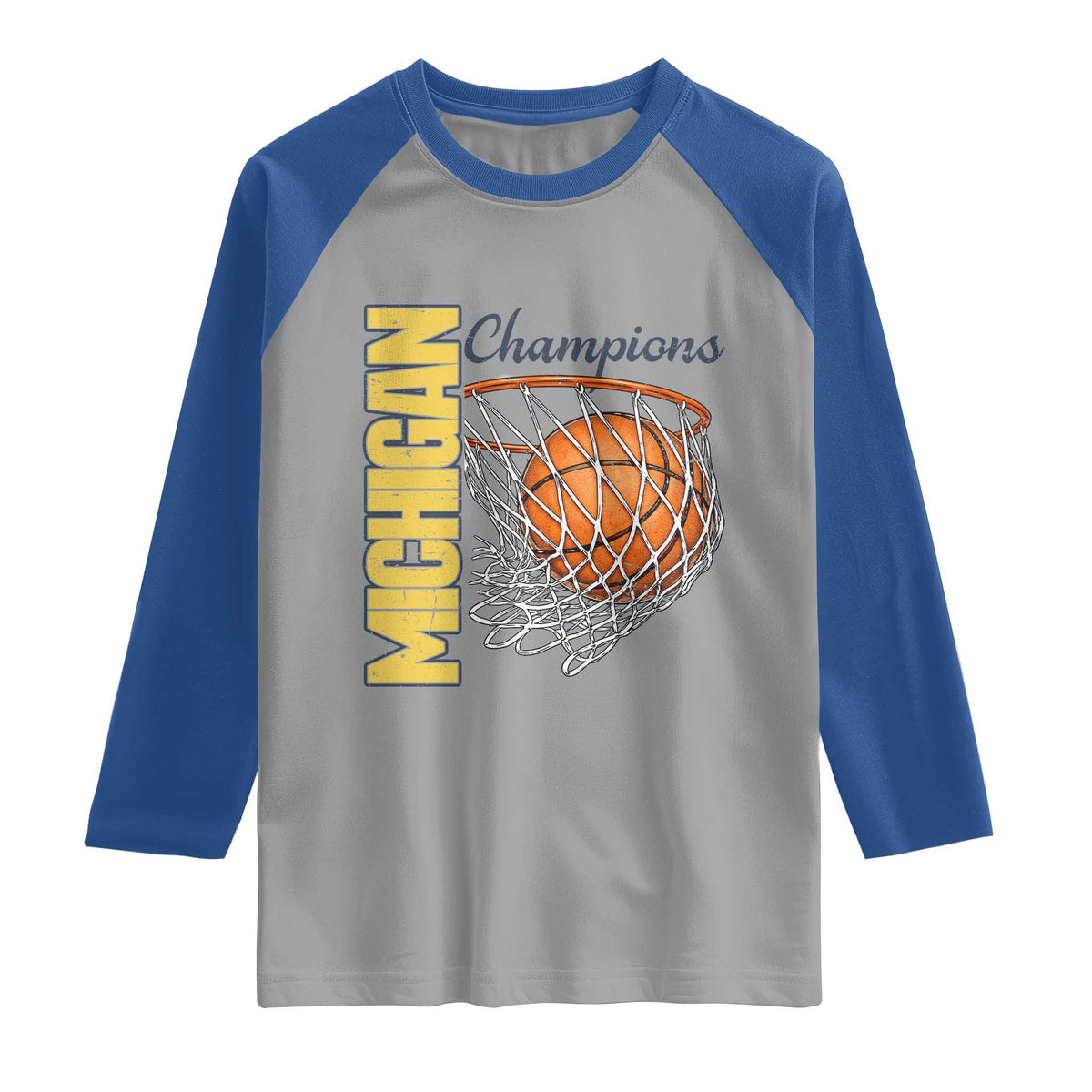 Vintage Michigan Hoops Pride Raglan Shirt Retro Blue And Gold Champions Victory Graphic Sports Fan