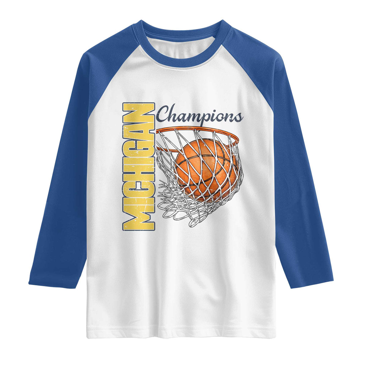 Vintage Michigan Hoops Pride Raglan Shirt Retro Blue And Gold Champions Victory Graphic Sports Fan