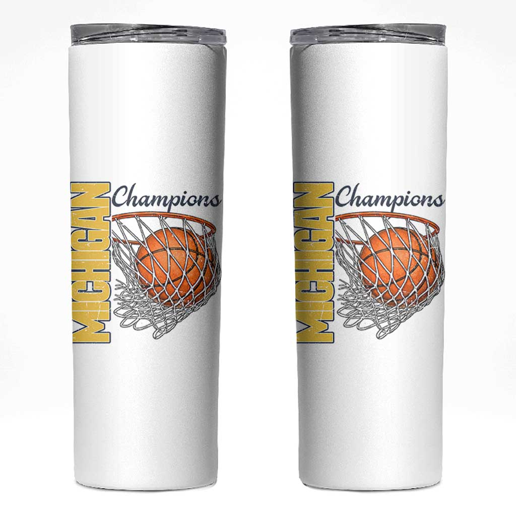 Vintage Michigan Hoops Pride Skinny Tumbler Retro Blue And Gold Champions Victory Graphic Sports Fan
