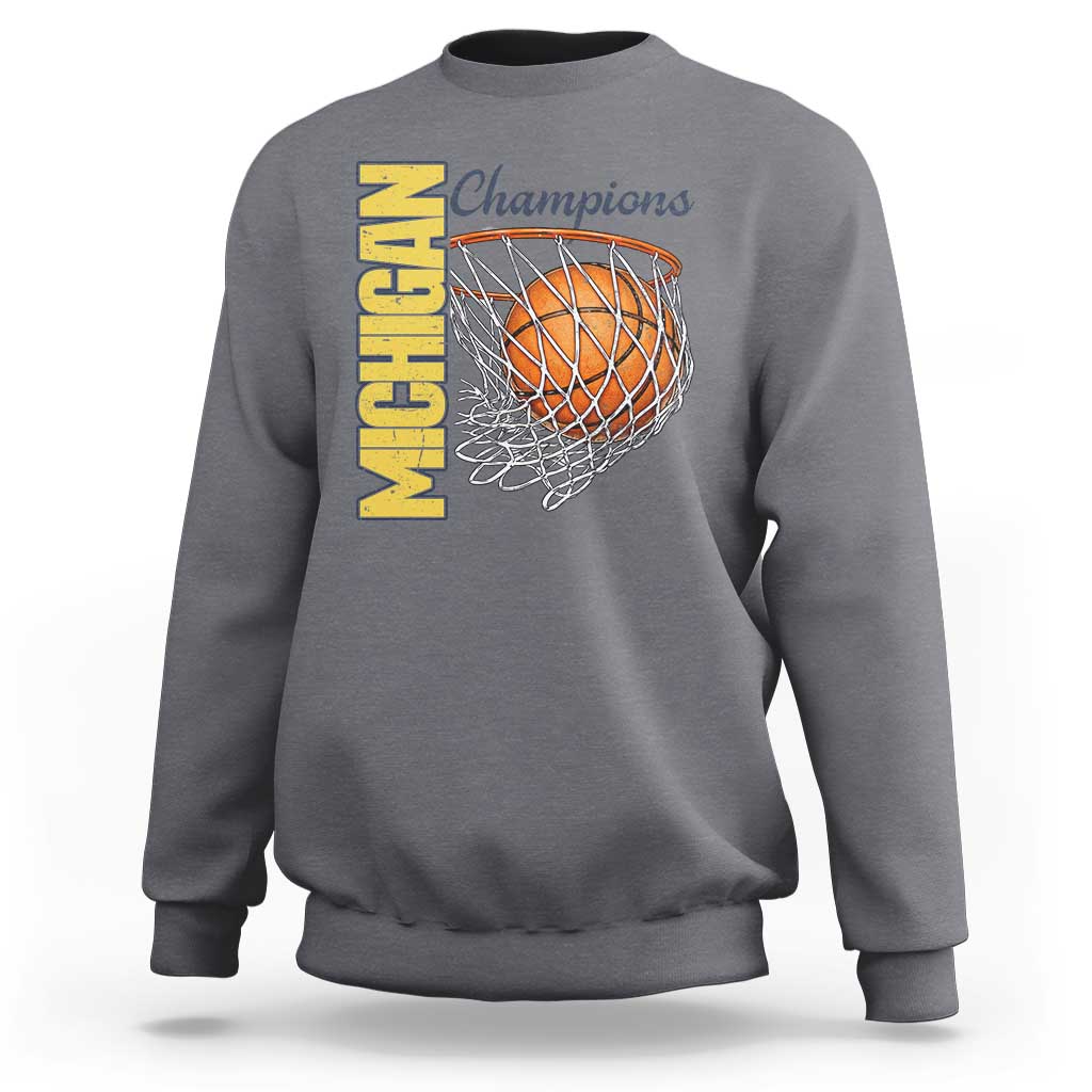 Vintage Michigan Hoops Pride Sweatshirt Retro Blue And Gold Champions Victory Graphic Sports Fan
