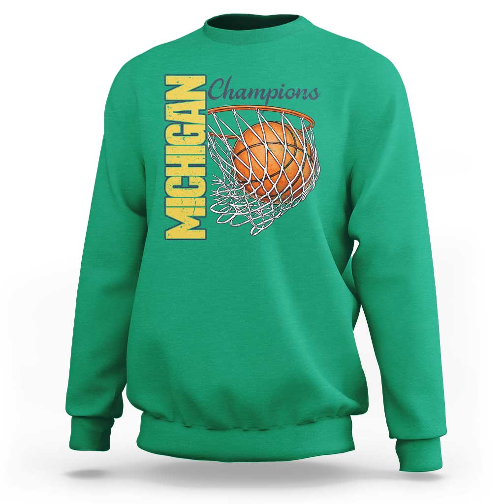 Vintage Michigan Hoops Pride Sweatshirt Retro Blue And Gold Champions Victory Graphic Sports Fan