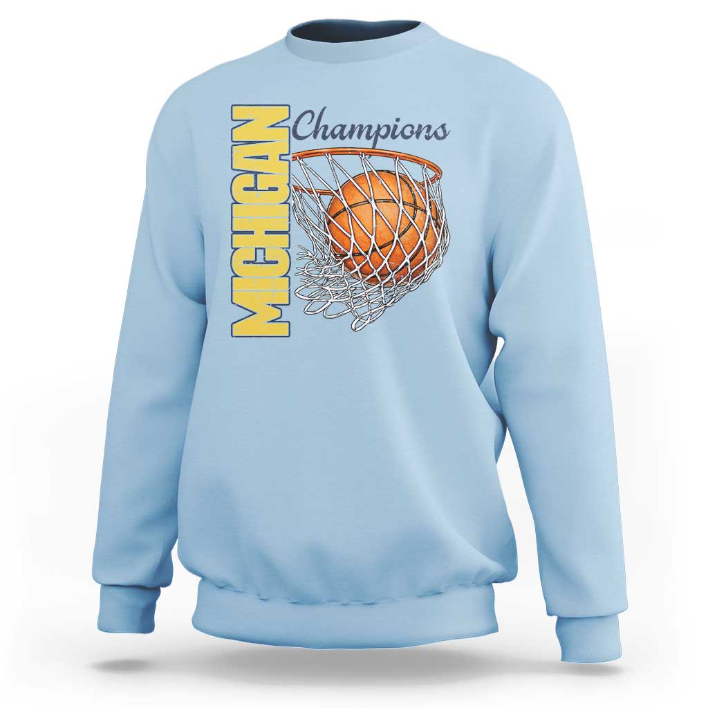 Vintage Michigan Hoops Pride Sweatshirt Retro Blue And Gold Champions Victory Graphic Sports Fan