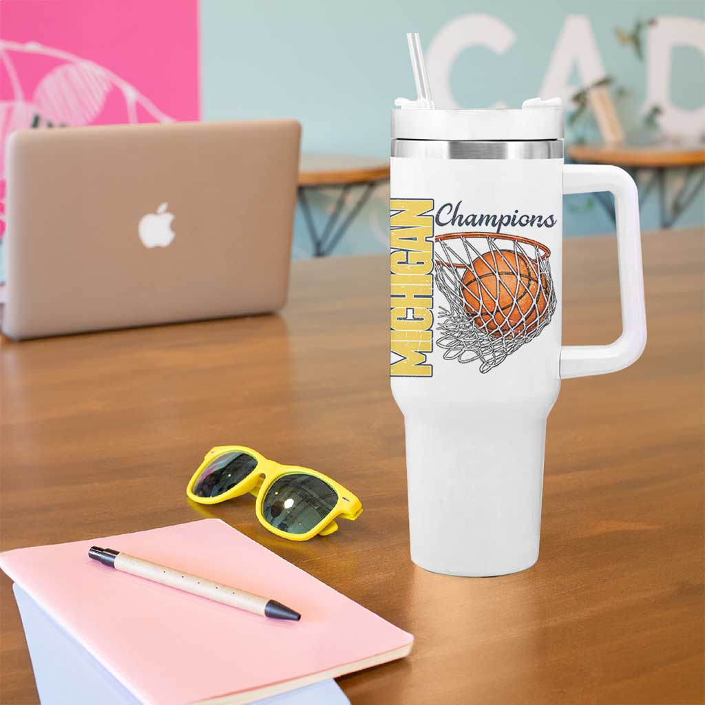 Vintage Michigan Hoops Pride Tumbler With Handle Retro Blue And Gold Champions Victory Graphic Sports Fan