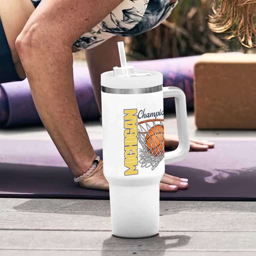 Vintage Michigan Hoops Pride Tumbler With Handle Retro Blue And Gold Champions Victory Graphic Sports Fan
