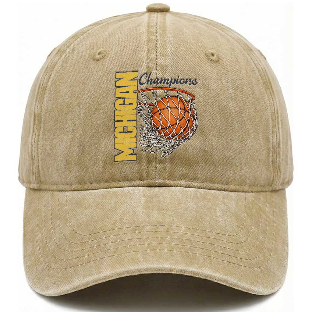 Vintage Michigan Hoops Pride Washed Cotton Baseball Cap Retro Blue And Gold Champions Victory Graphic Sports Fan