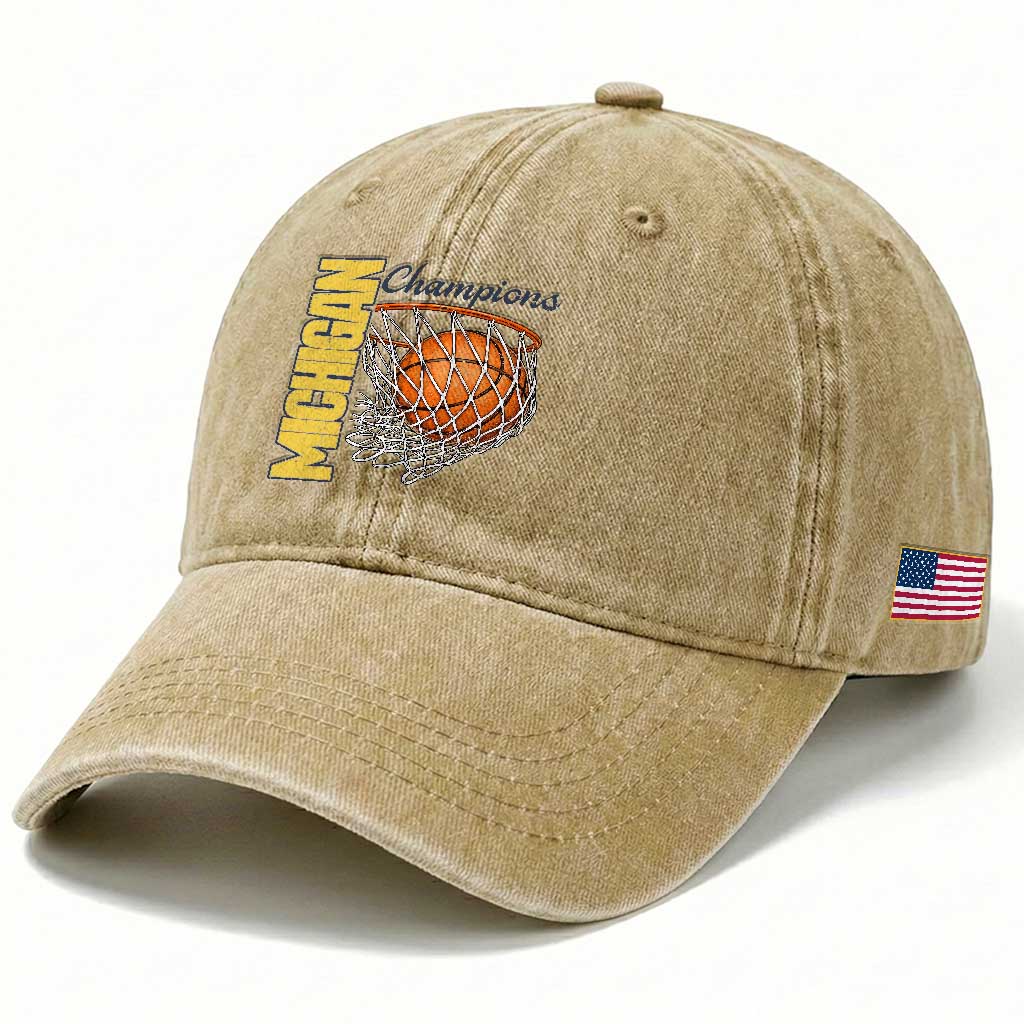 Vintage Michigan Hoops Pride Washed Cotton Baseball Cap Retro Blue And Gold Champions Victory Graphic Sports Fan
