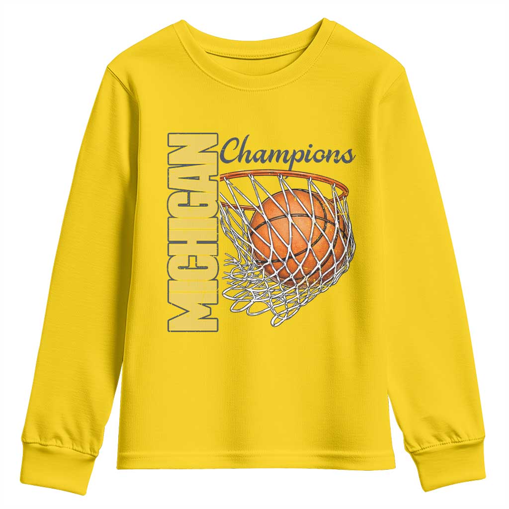 Vintage Michigan Hoops Pride Youth Sweatshirt Retro Blue And Gold Champions Victory Graphic Sports Fan