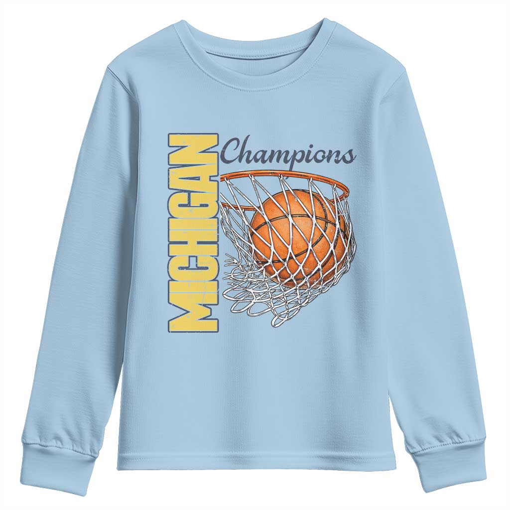 Vintage Michigan Hoops Pride Youth Sweatshirt Retro Blue And Gold Champions Victory Graphic Sports Fan